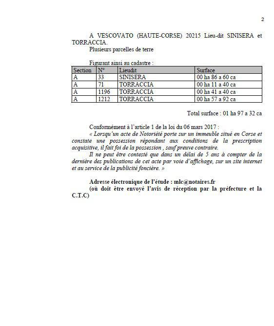 Avis de création de titre de propriété - Commune d'U Viscuvatu (Cismonte)