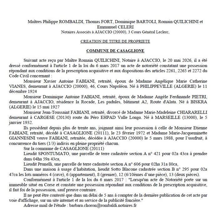 Avis de création de titre de propriété - Commune de Casaglione (Pumonti)