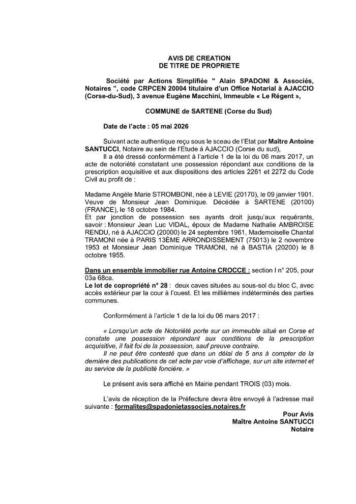 Avis de création de titre de propriété - Commune de Sarté (Pumonti)