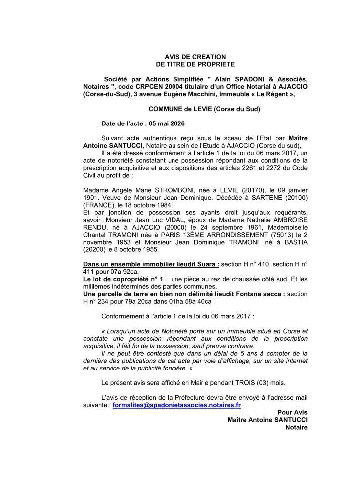  Avis de création de titre de propriété - Commune de Livia (Pumonti)