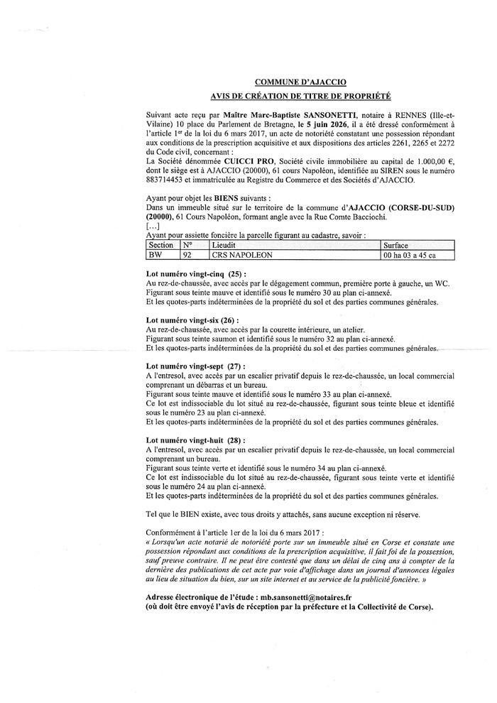 Avis de création de titre de propriété - Commune d'Aiacciu (Pumonti)