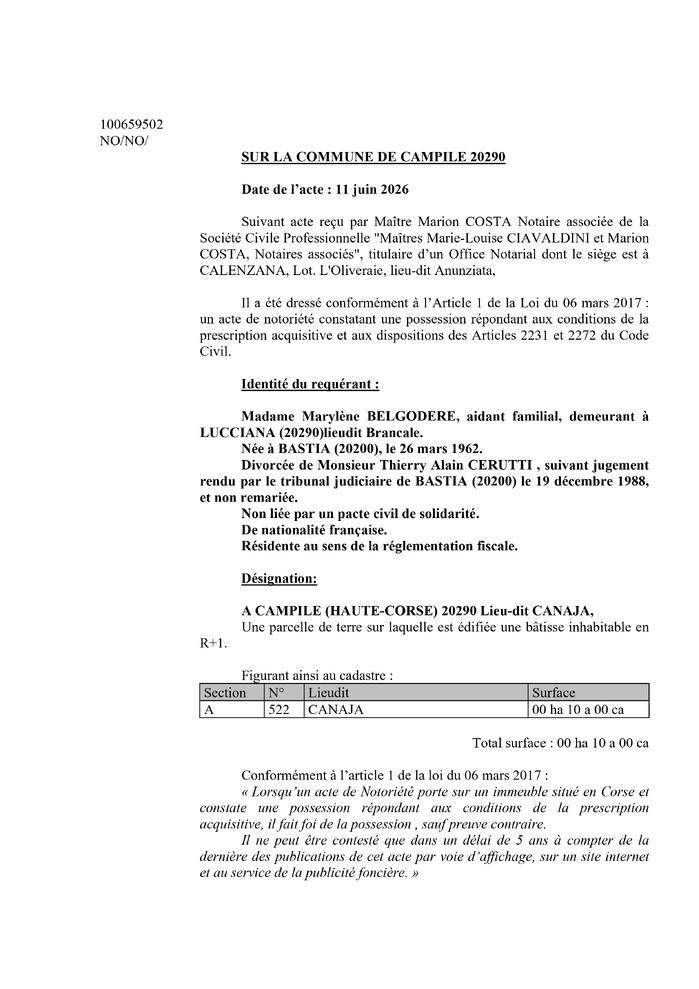 Avis de création de titre de propriété - Commune de Campile (Cismonte)