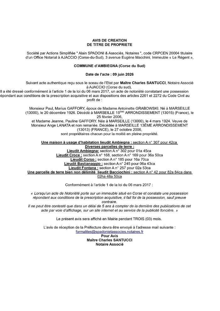 Avis de création de titre de propriété - Commune d'Ambiegna (Pumonti)