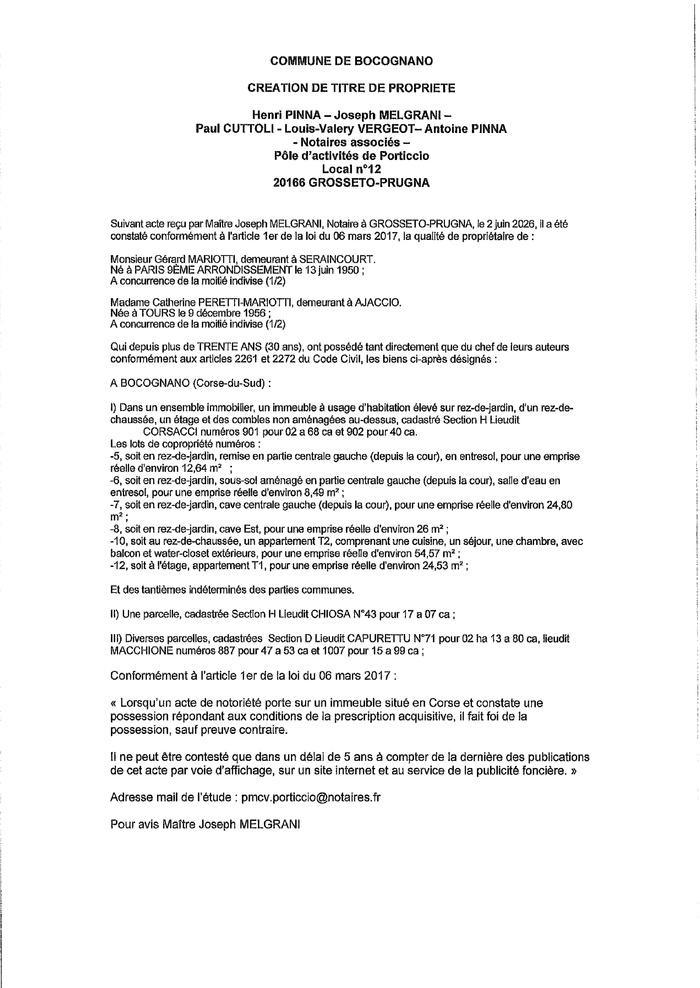Avis de création de titre de propriété - Commune di Bucugnà (Pumonti)