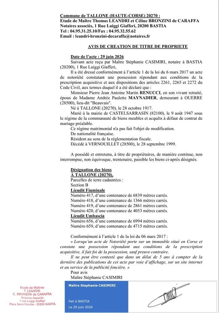  Avis de création de titre de propriété - Commune di Tallone (Cismonte)