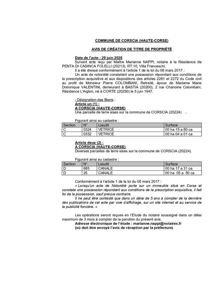  Avis de création de titre de propriété - Commune di Corscia (Cismonte)