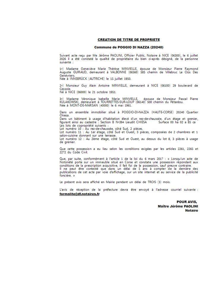 Avis de création de titre de propriété - Commune di U Poghju d Nazza (Cismonte)