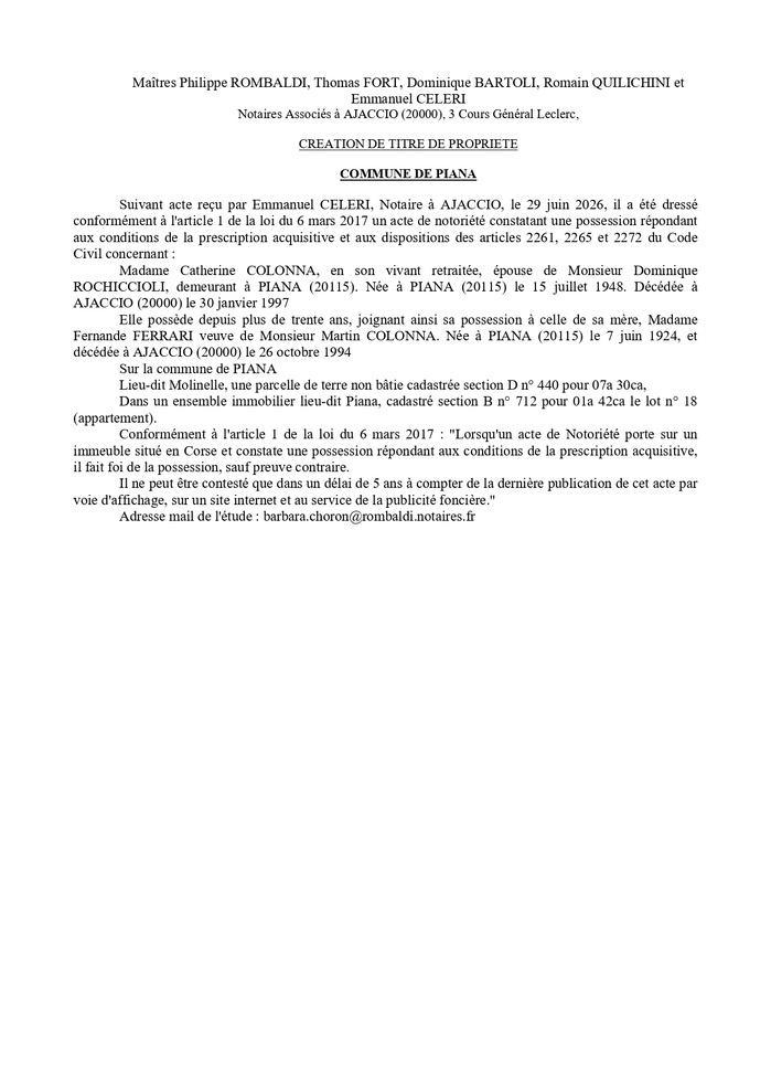  Avis de création de titre de propriété - Commune di Piana (Pumonti)