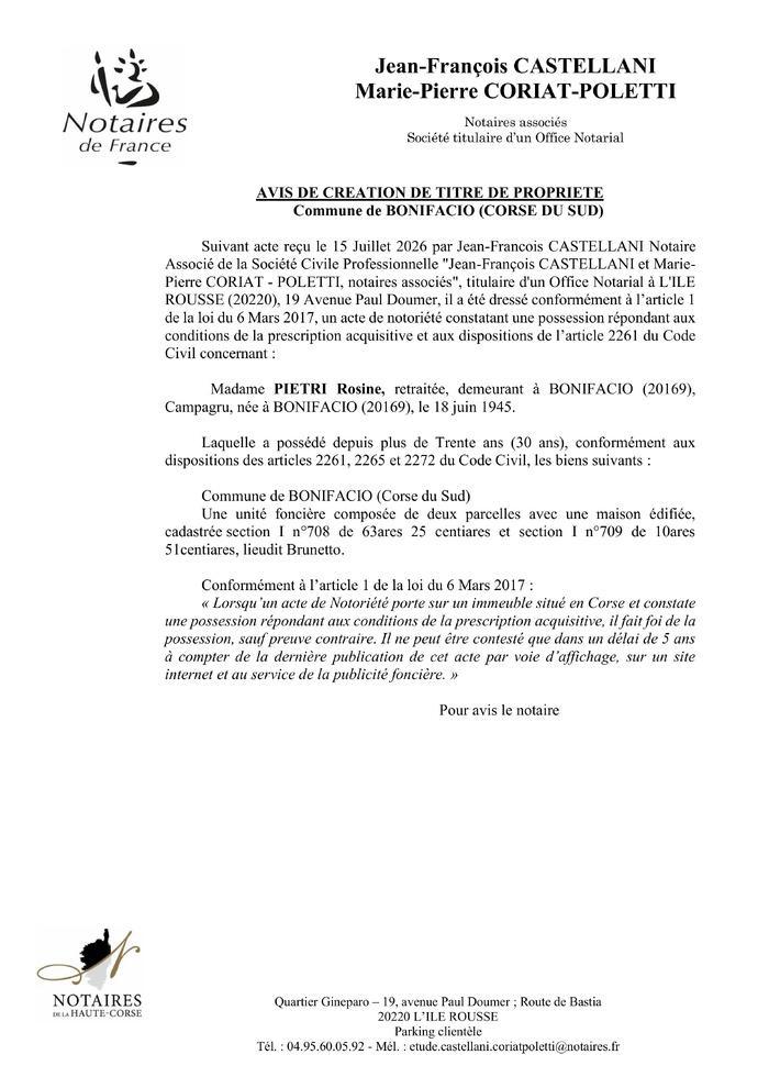  Avis de création de titre de propriété - Commune de Bunifaziu (Pumonti)