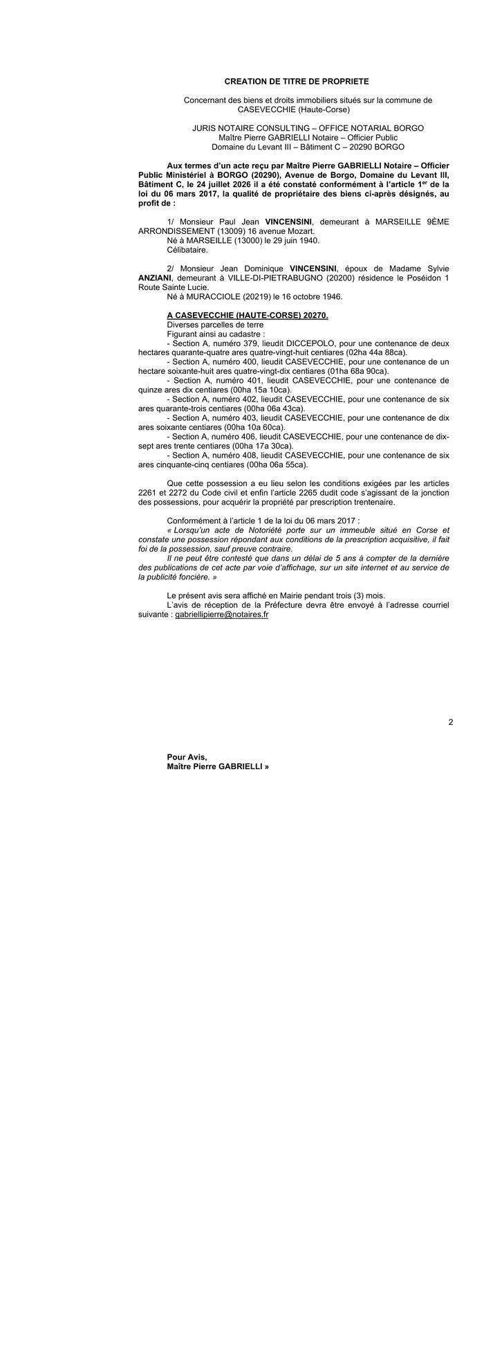 Avis de création de titre de propriété - Commune de E Casevechje (Cismonte)