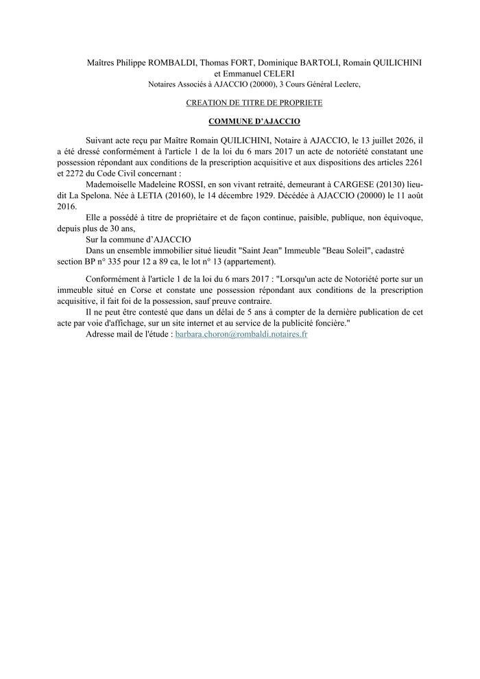  Avis de création de titre de propriété - Commune d'Aiacciu (Pumonti)