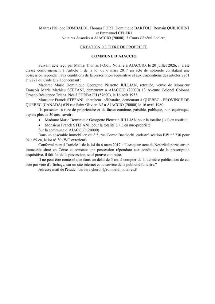  Avis de création de titre de propriété - Commune d'Aiacciu (Pumonti)