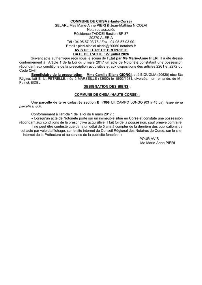  Avis de création de titre de propriété - Commune de Chisà (Cismonte)