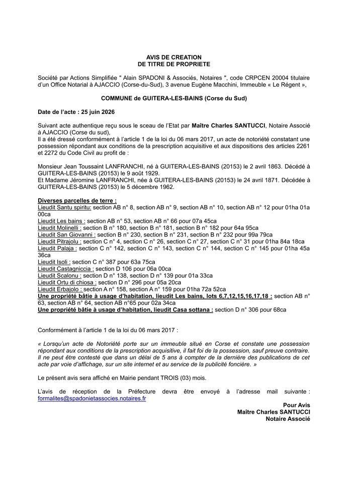  Avis de création de titre de propriété - Commune d' A Vuttera (Pumonti)