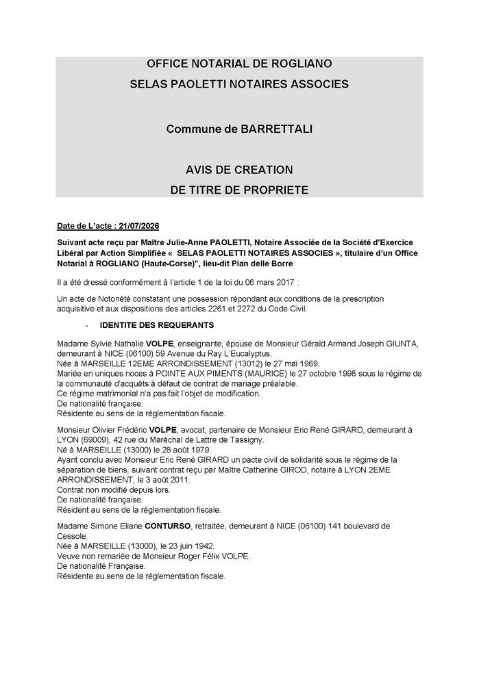 Avis de création de titre de propriété - Commune de Barrettali (Cismonte)