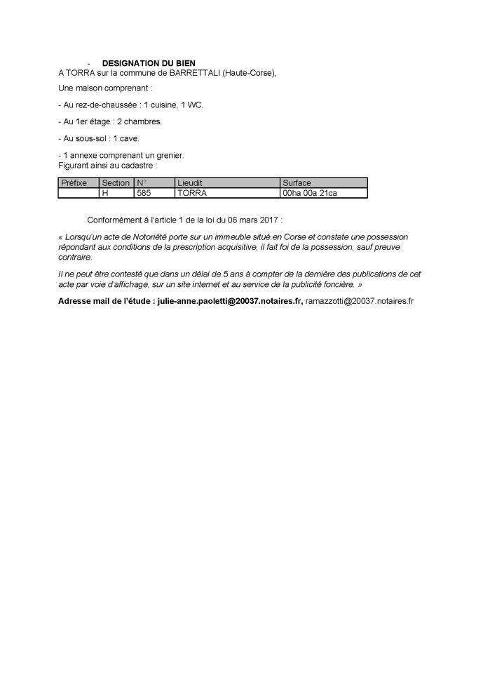 Avis de création de titre de propriété - Commune de Barrettali (Cismonte)
