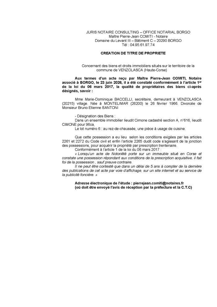 Avis de création de titre de propriété - Commune d'A Venzulasca (Cismonte)
