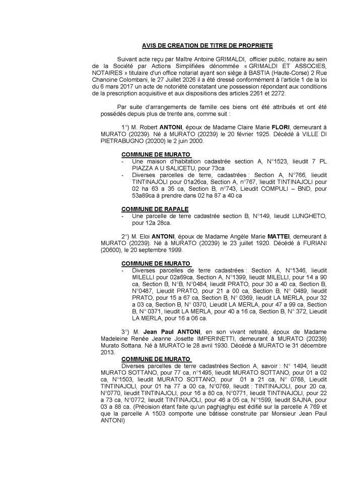 Avis de création de titre de propriété - Communes de Muratu et Rapale (Cismonte)