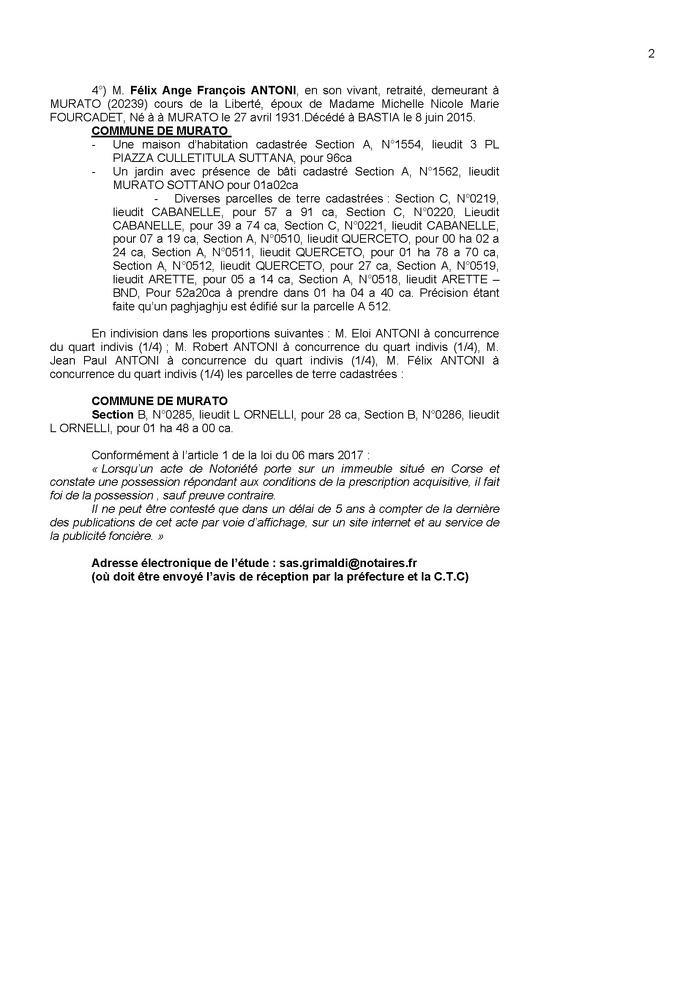 Avis de création de titre de propriété - Communes de Muratu et Rapale (Cismonte)