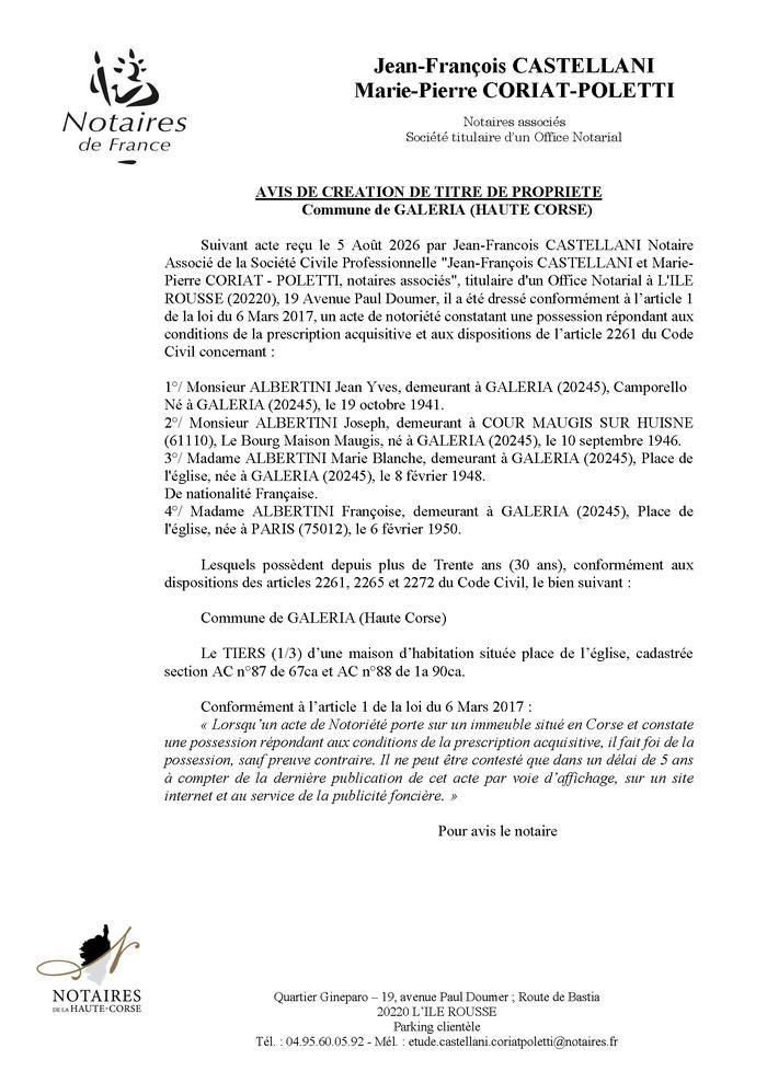 Avis de création de titre de propriété - Commune de Galeria (Cismonte)