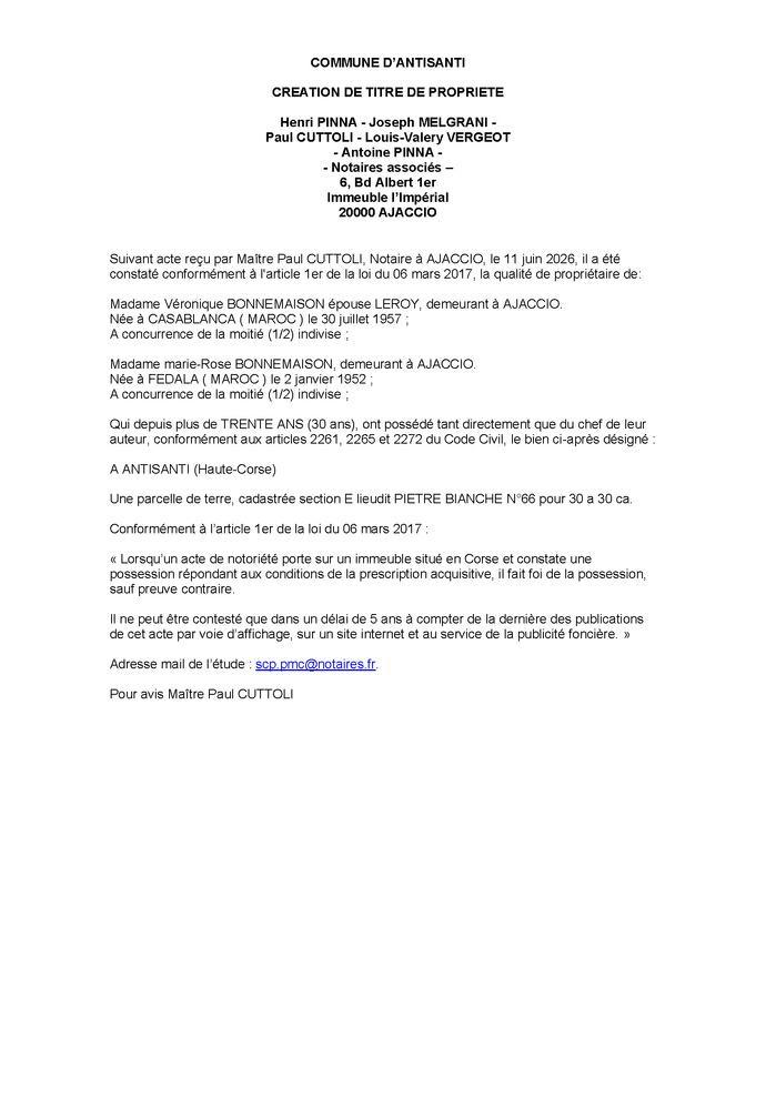 Avis de création de titre de propriété - Commune d'Antisanti (Cismonte)