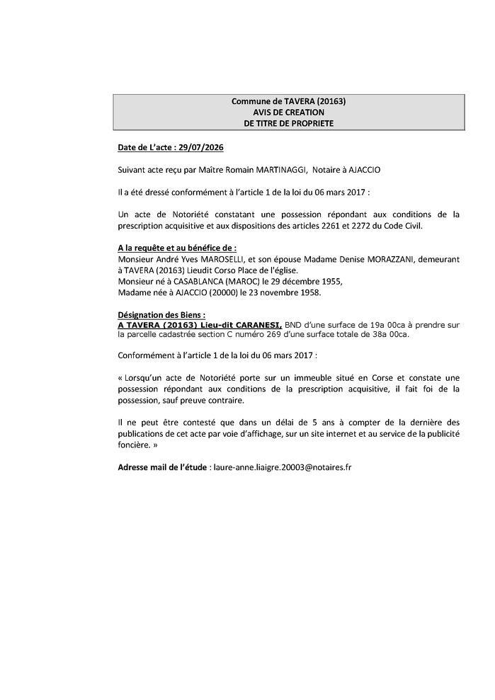 Avis de création de titre de propriété - Commune de Tavera (Pumonti)