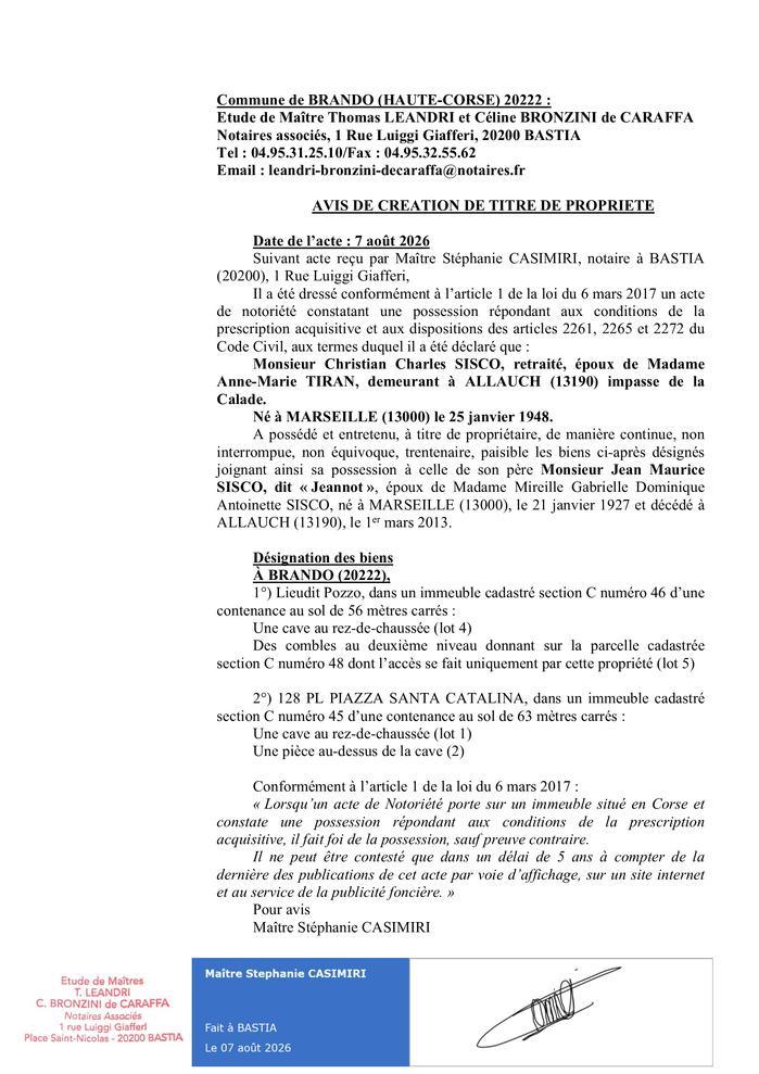 Avis de création de titre de propriété - Commune de Brandu (Cismonte)