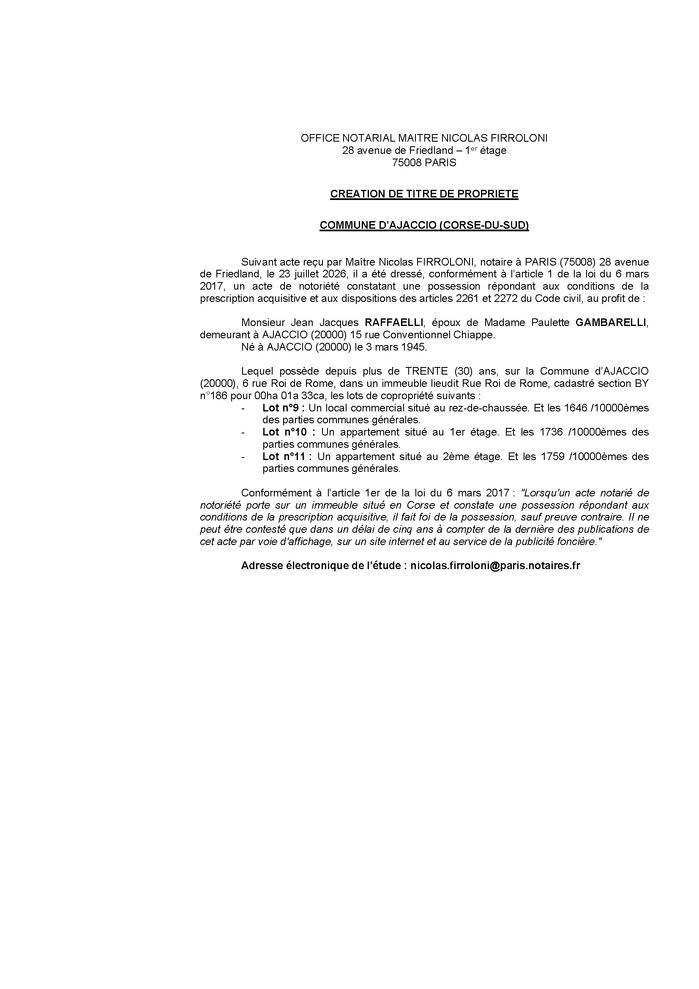 Avis de création de titre de propriété - Commune d'Aiacciu (Pumonti)