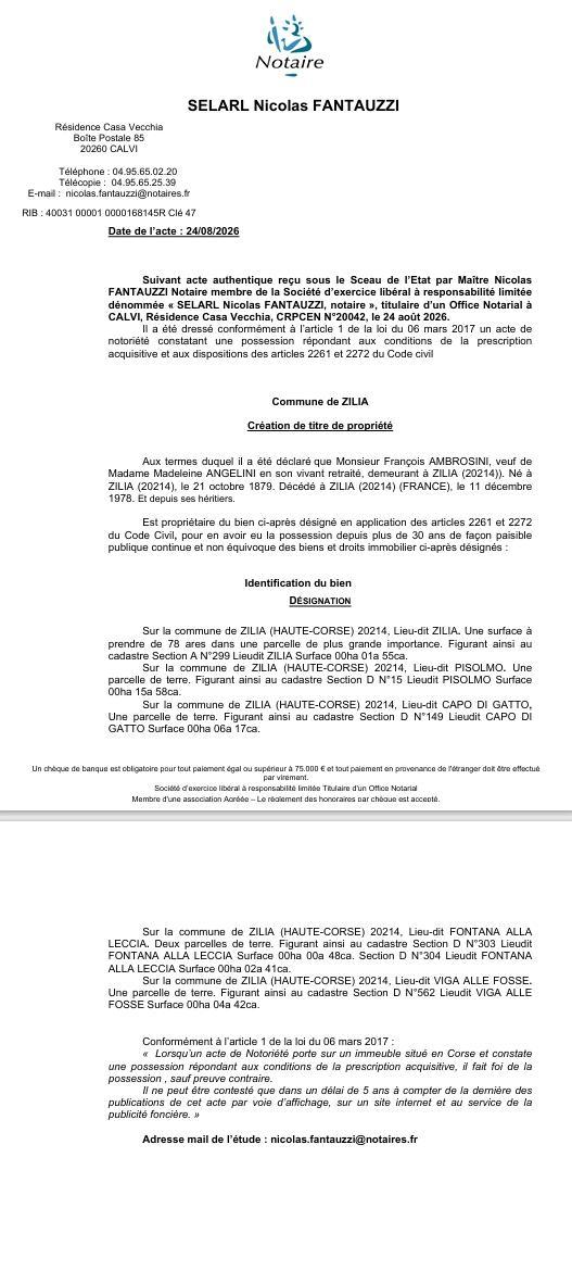  Avis de création de titre de propriété - Commune de Zilia (Cismonte)