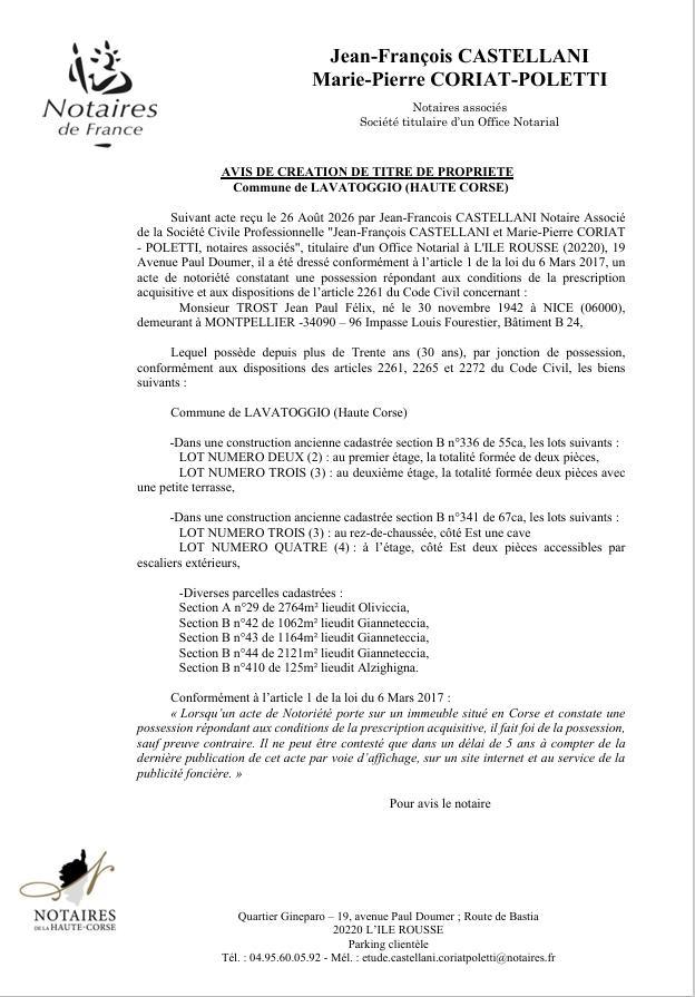  Avis de création de titre de propriété - Commune de Lavatoghju (Cismonte)