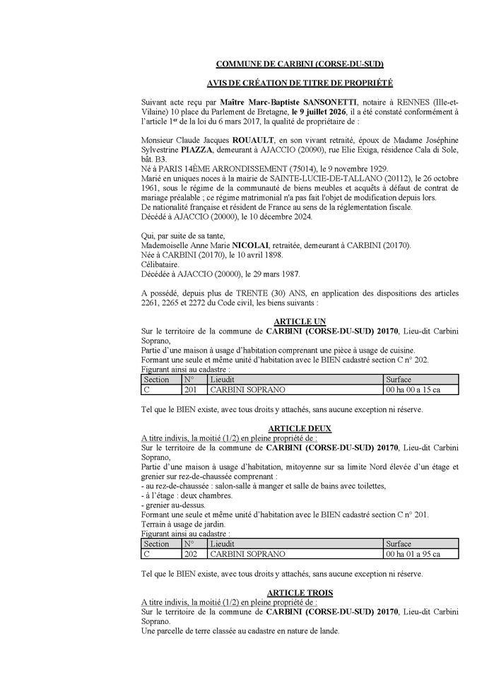 Avis de création de titre de propriété - Communes de Zoza è Santa Lucia di Tallà (Pumonti)