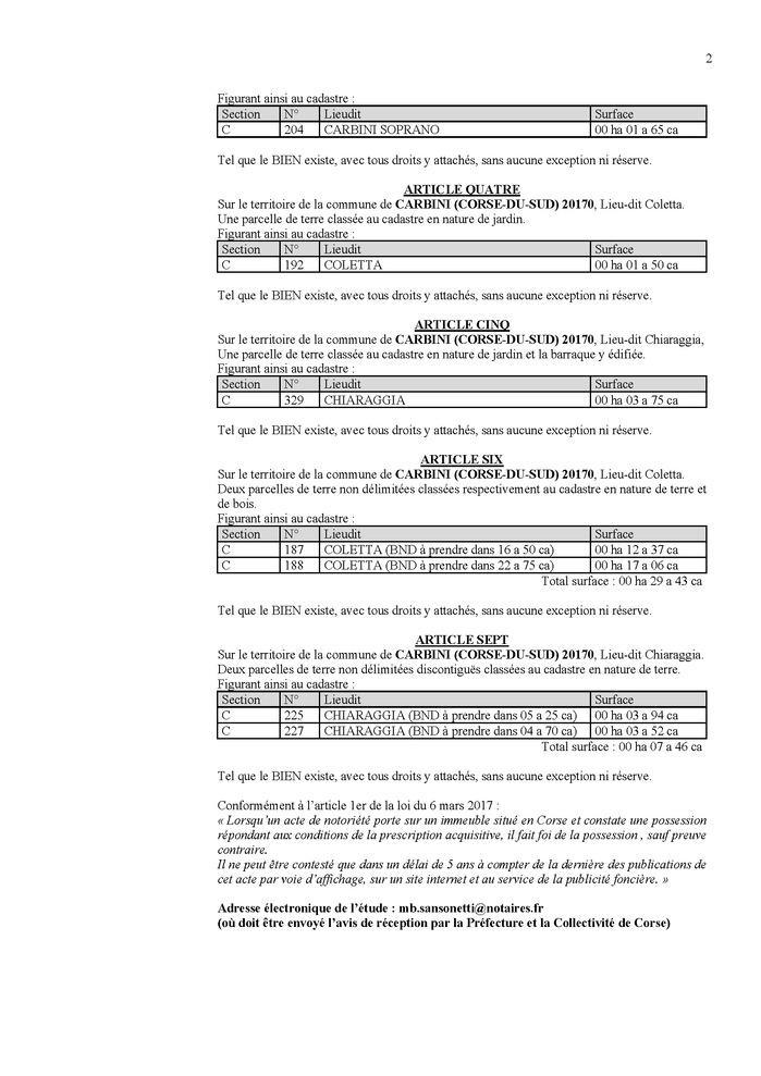 Avis de création de titre de propriété - Communes de Zoza è Santa Lucia di Tallà (Pumonti)