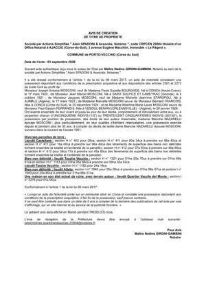 Avis de création de titre de propriété - Commune de Portivechju (Pumonte )