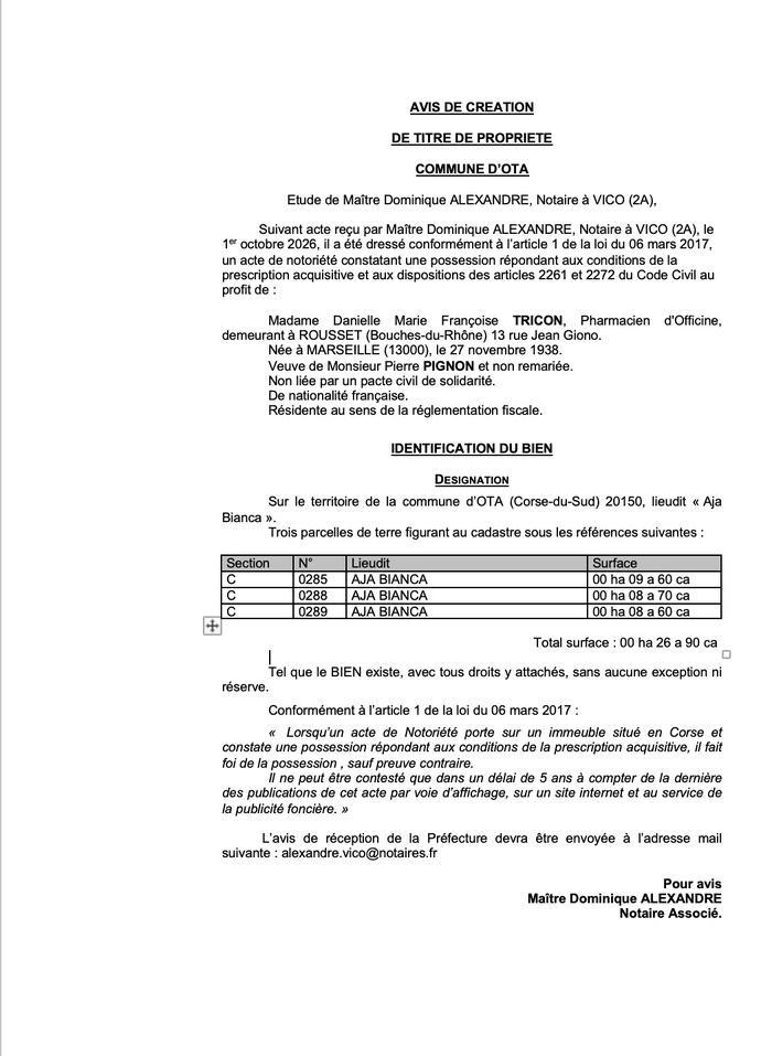 Avis de création de titre de propriété - Commune d'Ota (Pumonti)