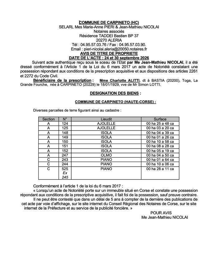  Avis de création de titre de propriété - Commune de U Carpinetu (Pumonte)