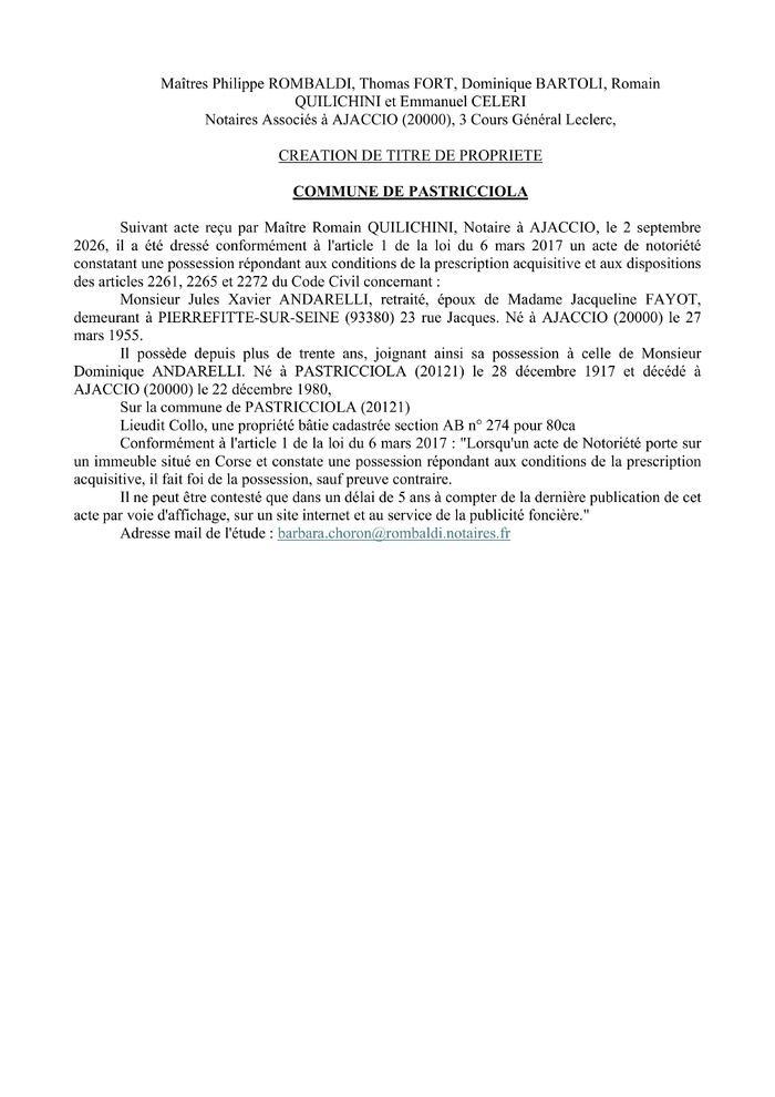 Avis de création de titre de propriété - Commune de A Pastricciola (Pumonti)