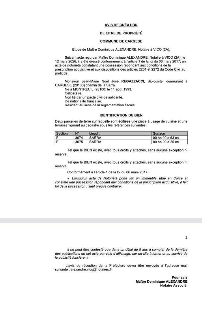  Avis de création de titre de propriété - commune de Cargese (Pumonte)