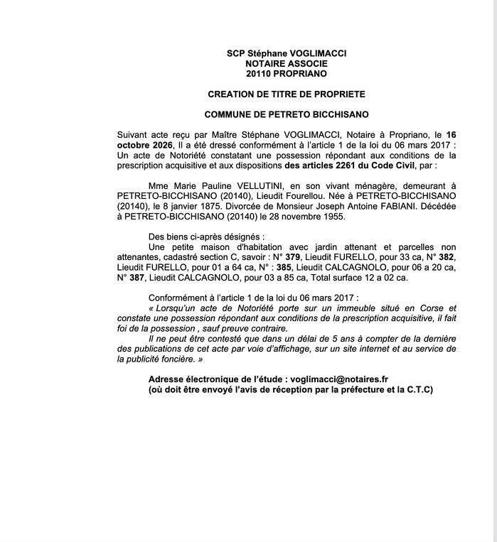  Avis de création de titre de propriété - Commune de Pitretu è Bicchisgià (Pumonte)