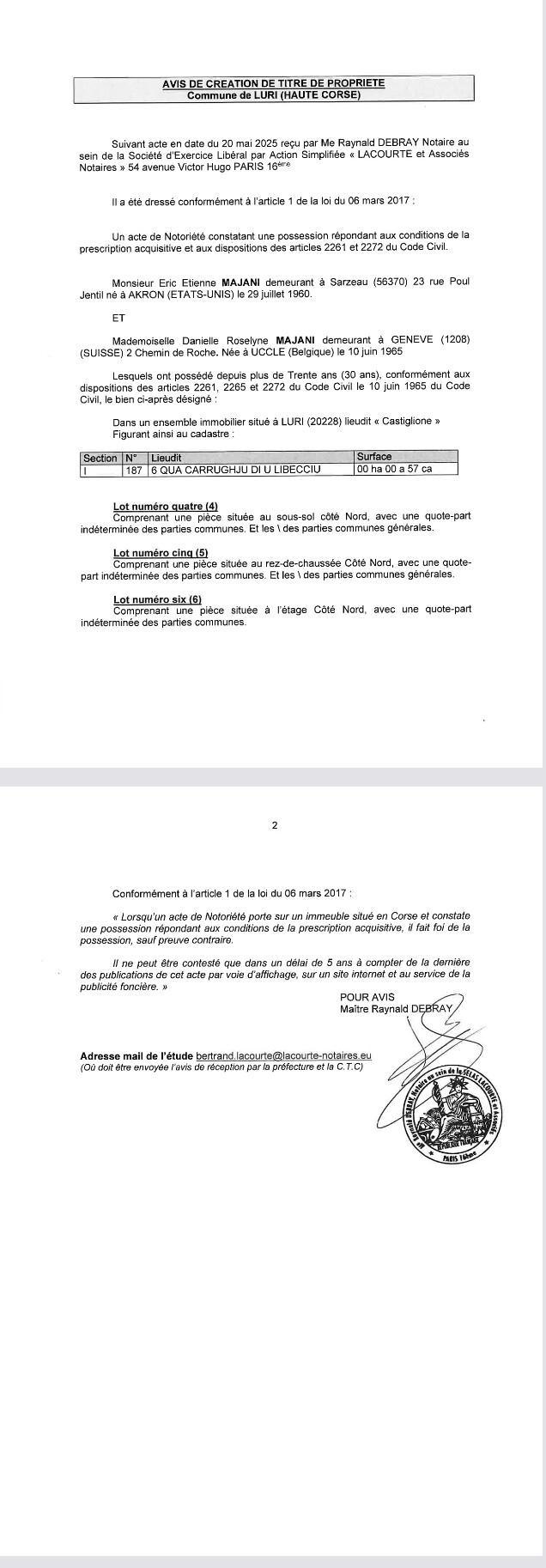  Avis de création de titre de propriété - Commune de Luri (Cismonte)