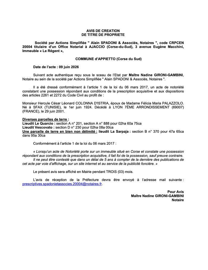 Avis de création de titre de propriété - Commune d'Appiettu (Pumonti)