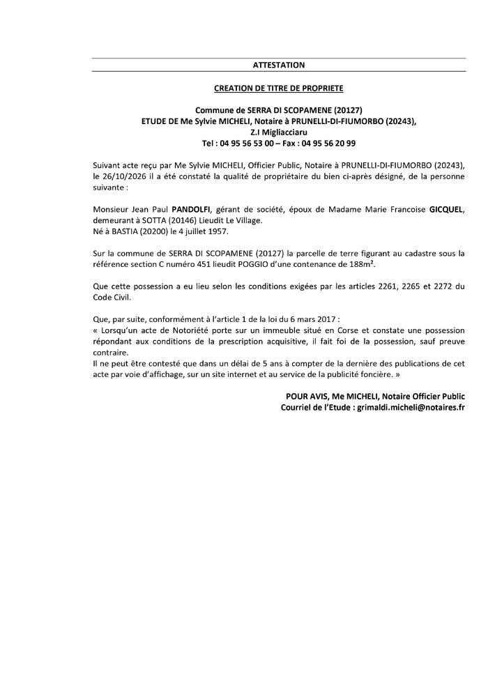  Avis de création de titre de propriété - Commune di A Sarra di Scupamena (Pumonti)