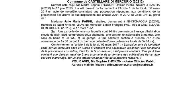 Avis de création de titre de propriété - Commune di Castellà di Mercoriu (Cismonte)