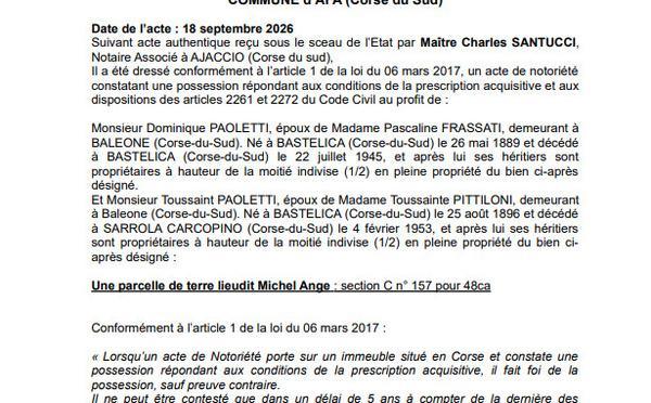   Avis de création de titre de propriété - Commune d'Afà (Pumonte)