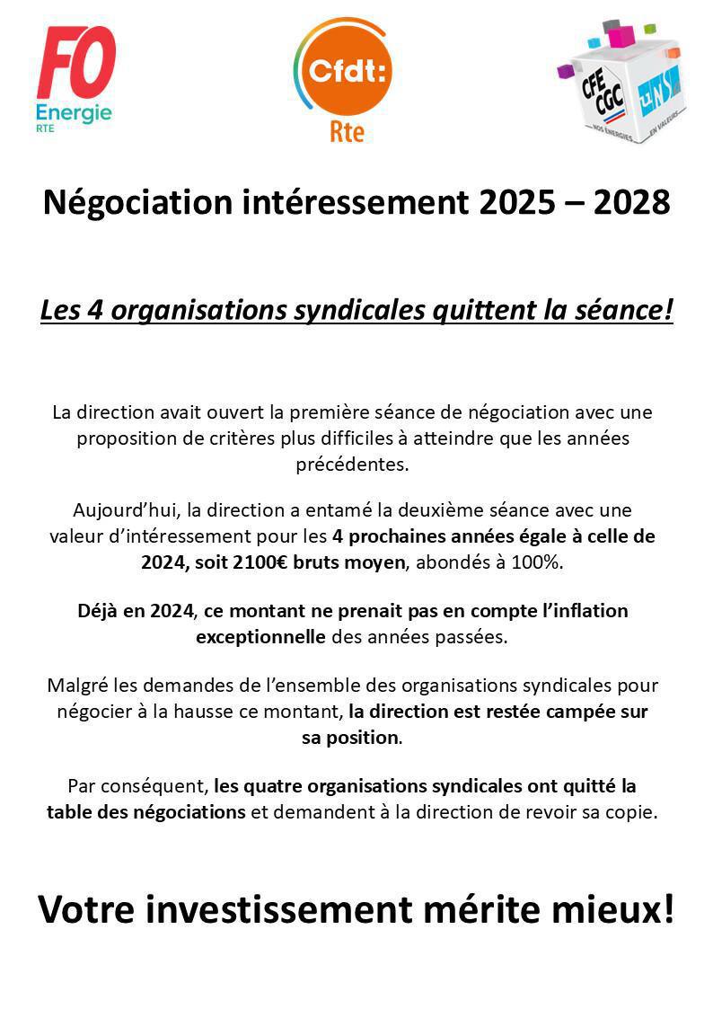 Négociation intéressement 2025-2028 : les OS quittent la table !