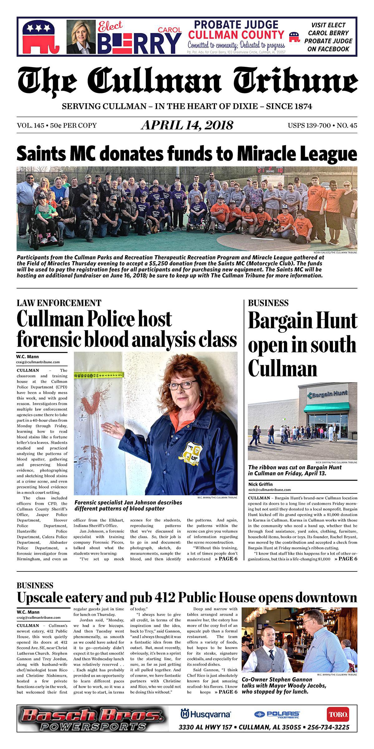 Good Morning Cullman! The 04-14-2018 edition of the Cullman Tribune is now ready to view