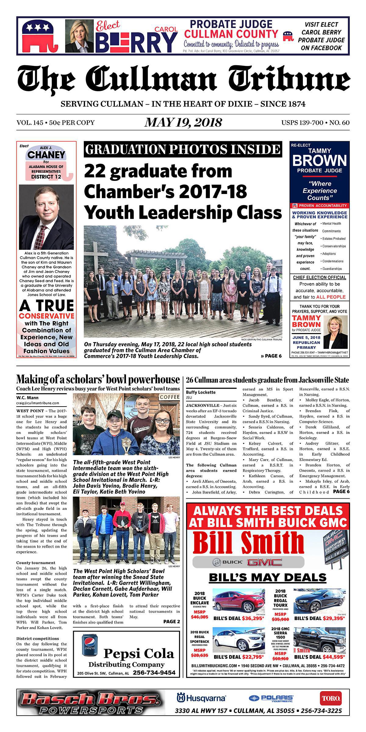 Good Morning Cullman! The 05-19-2018 edition of the Cullman Tribune is now ready to view