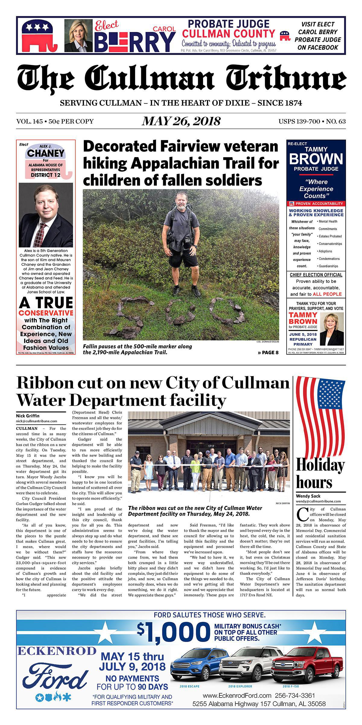 Good Morning Cullman! The 05-26-2018 edition of the Cullman Tribune is now ready to view