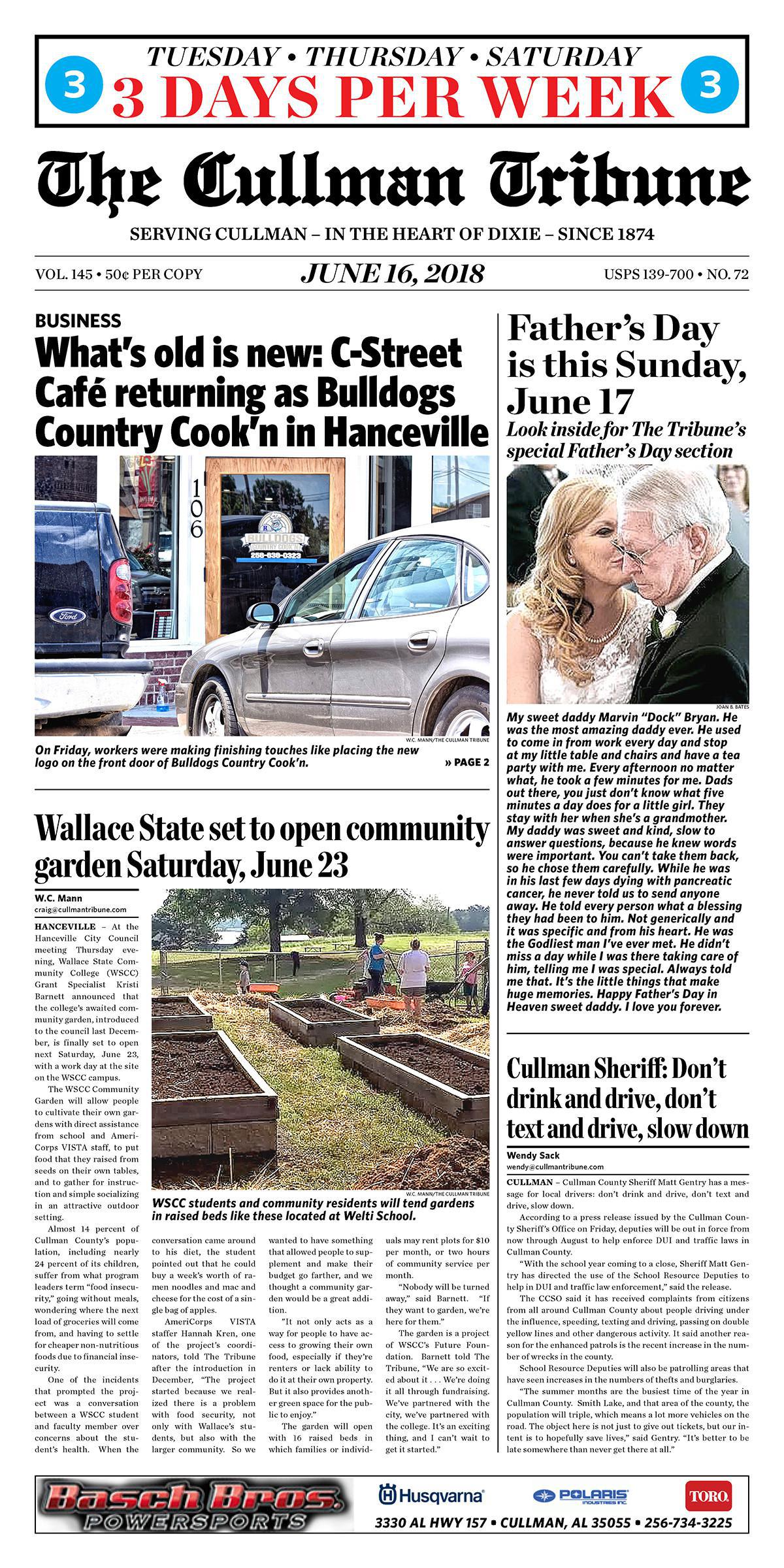Good Morning Cullman! The 06-16-2018 edition of the Cullman Tribune is now ready to view