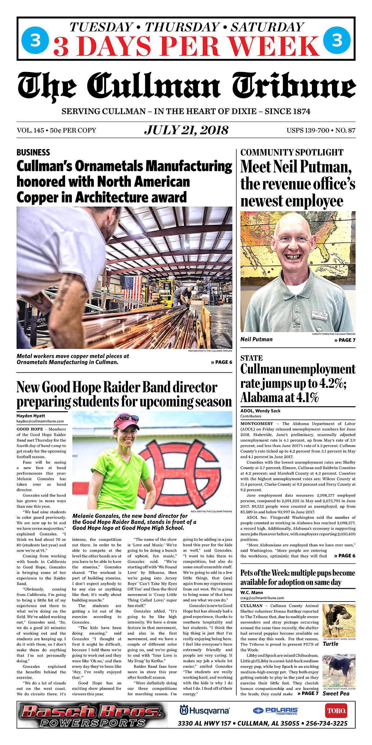 Good Morning Cullman! The 07-21-2018 edition of the Cullman Tribune is now ready to view