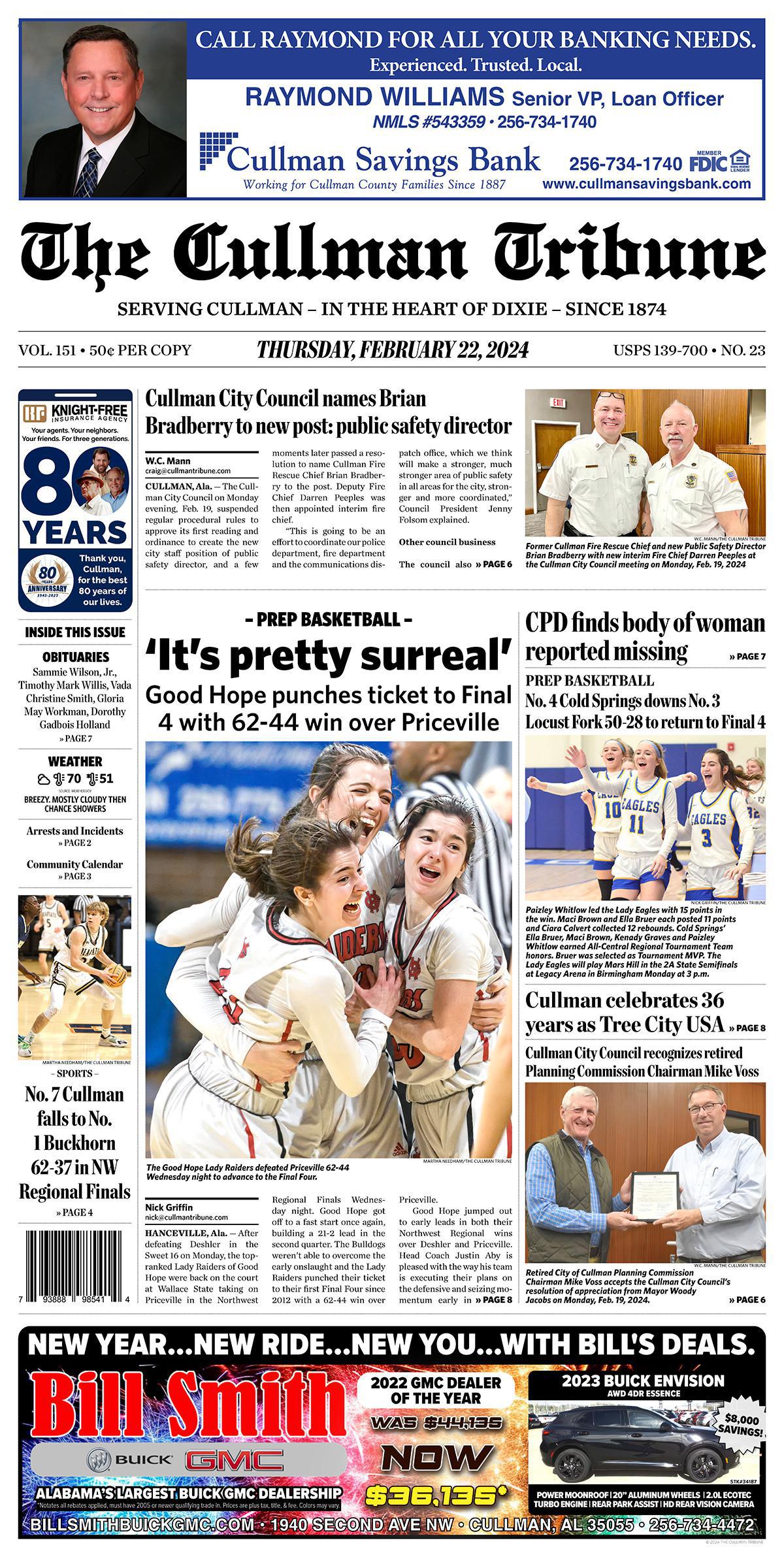 Good Morning Cullman! The 02-22-2024 edition of the Cullman Tribune is now ready to view.